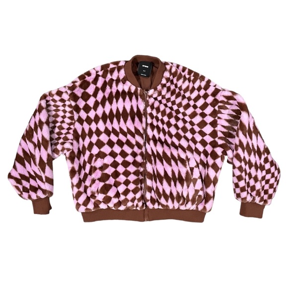 COTTON ON Pink Brown Pattern Faux Fur Bomber Jacket Small - Picture 1 of 12